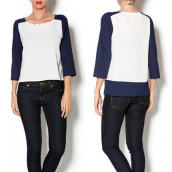 NEW DOUBLE ZERO gold studded long sleeve top in navy - Picture 1 of 1